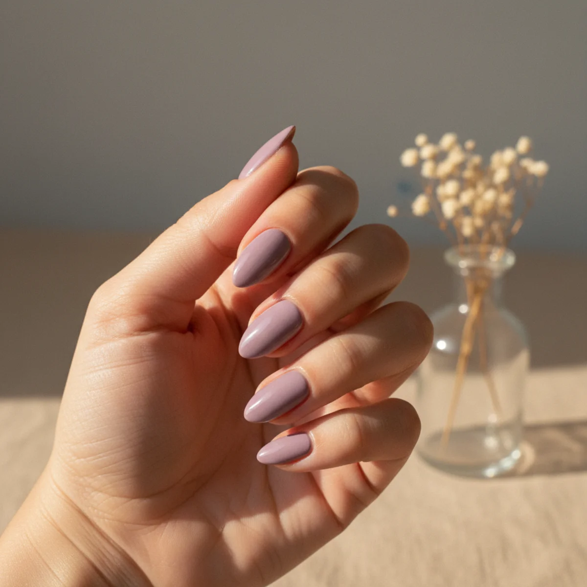 Almond nails in a soft muted lavender with a sprig of dried flowers nearby