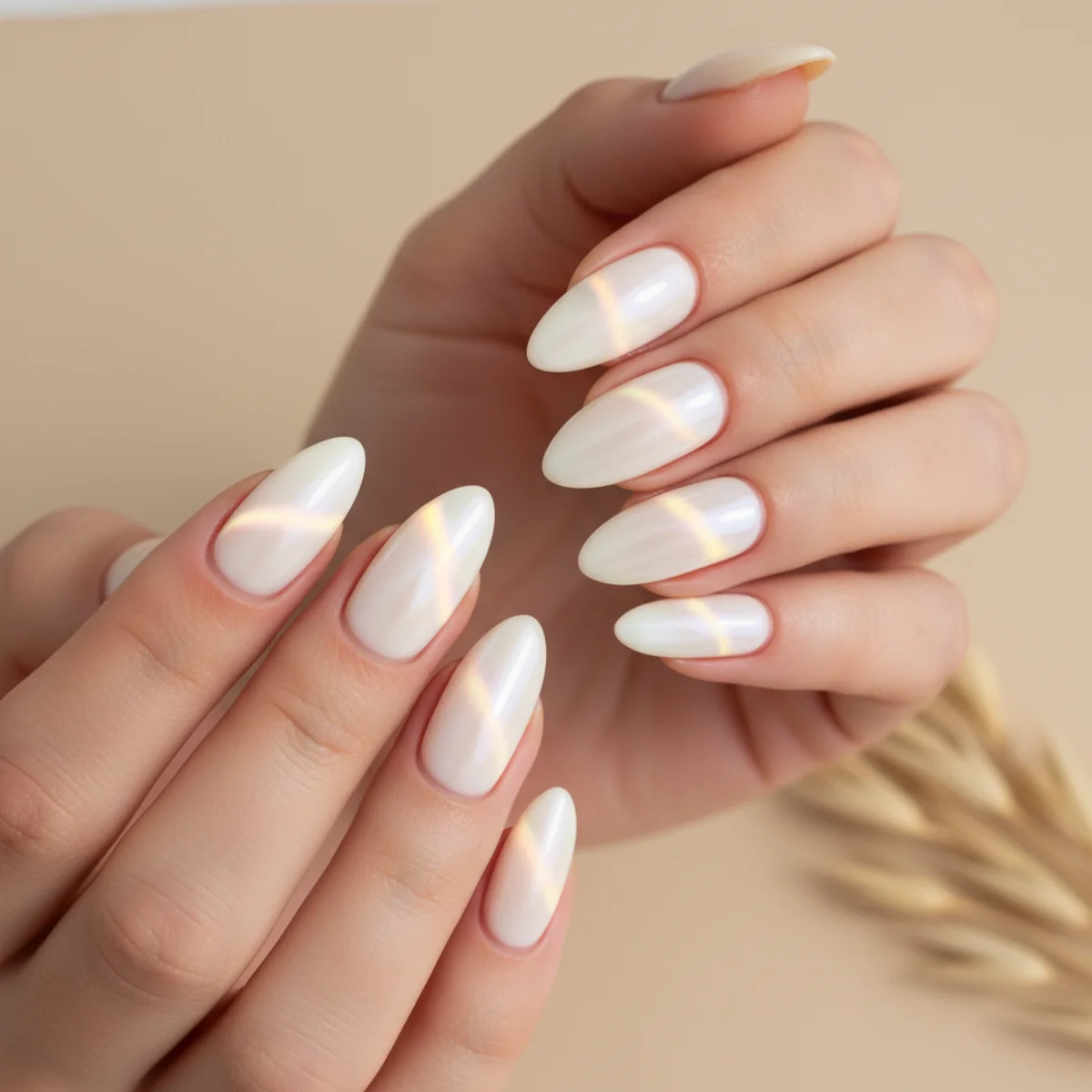 Almond nails with a pearly cat-eye shimmer strip through a creamy pearl base
