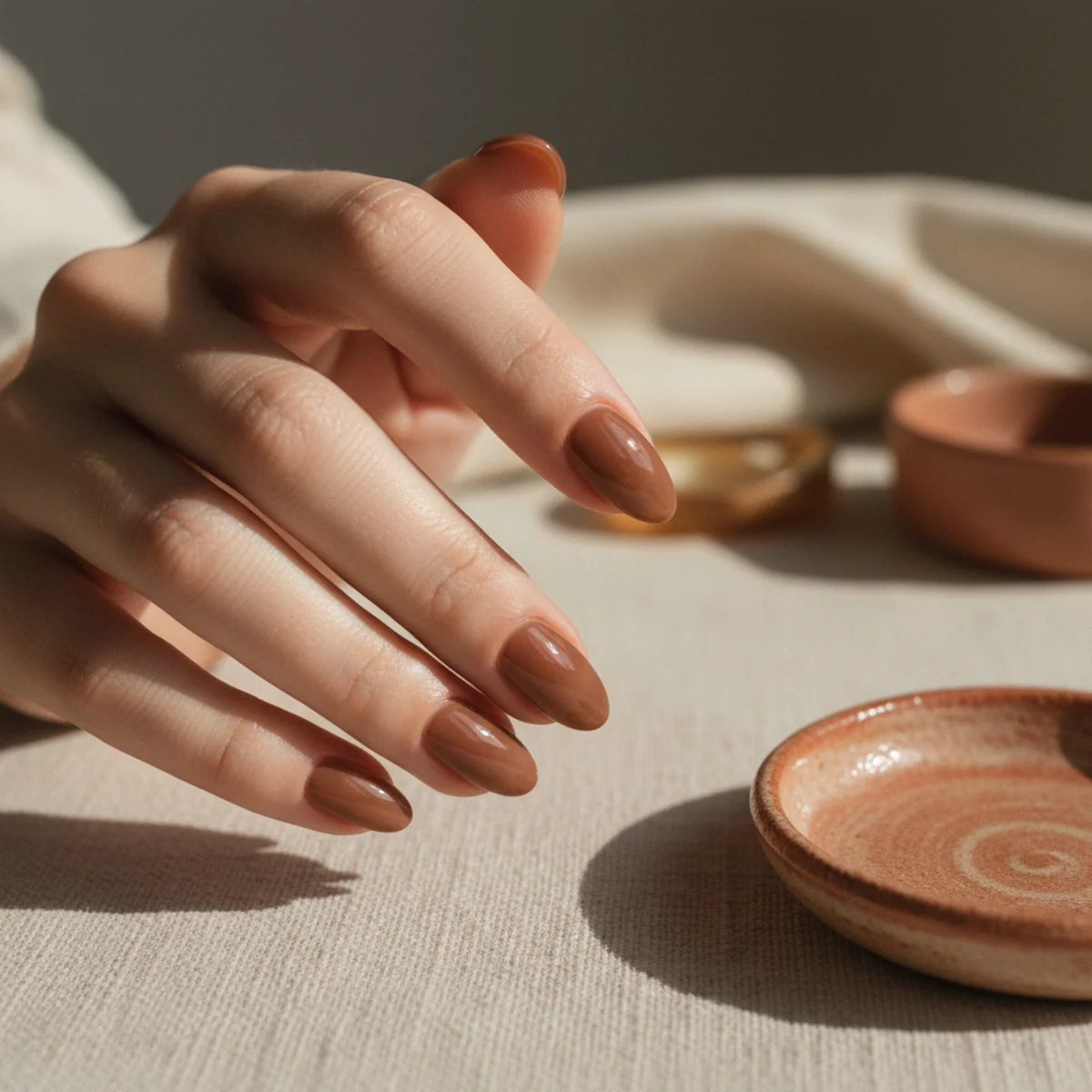Sheer translucent mocha-brown jelly almond nails with a glassy finish