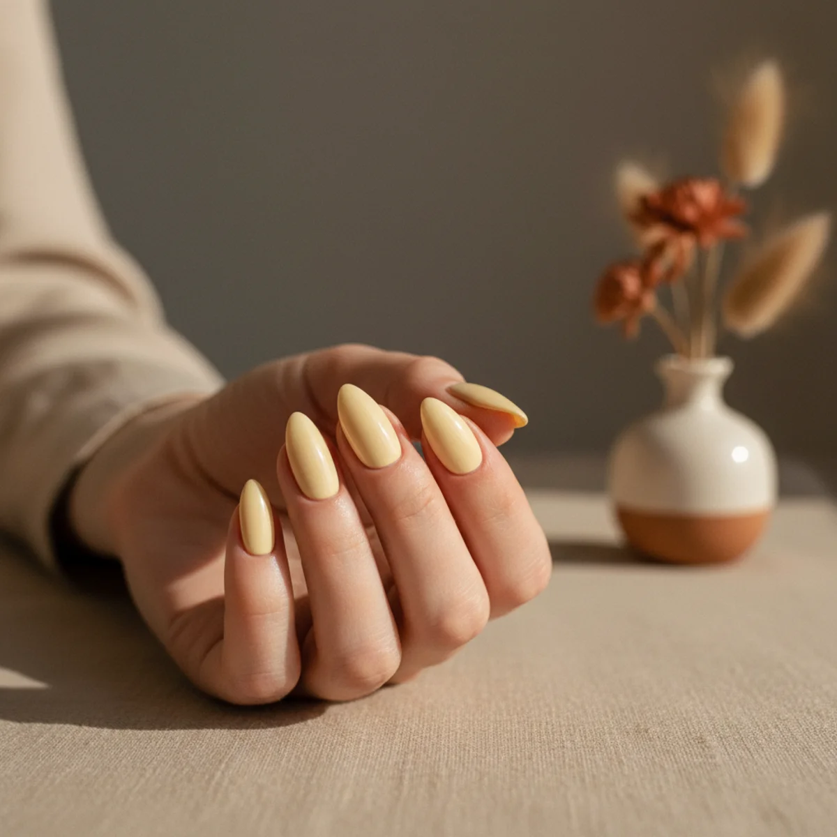 Almond nails in a soft creamy butter-yellow pastel on warm linen