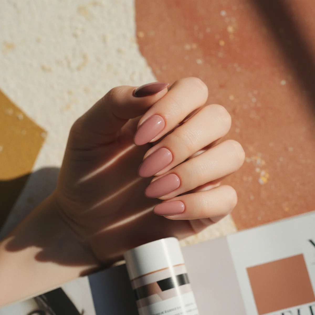 Almond nails in a muted dusty-rose mauve-pink with a creamy finish