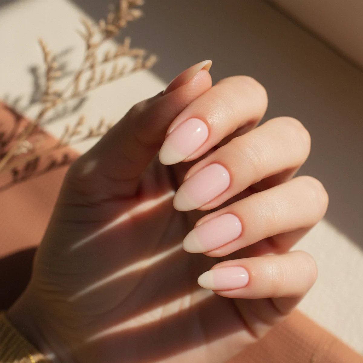 Sheer pale ballet-slipper pink almond nails with a clean glossy finish