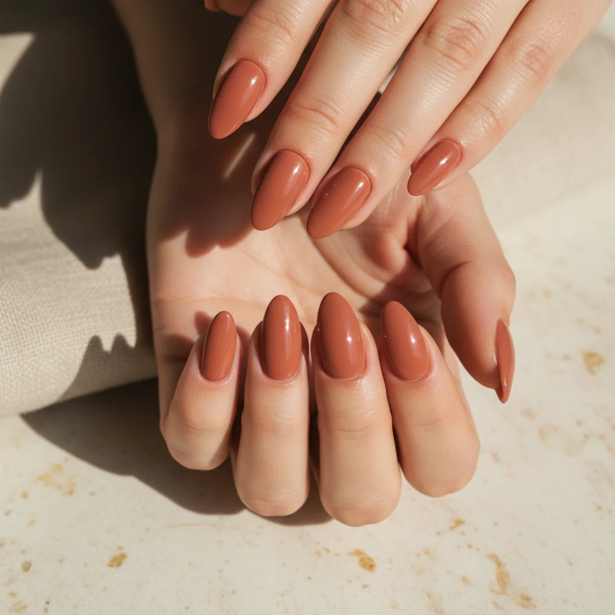 Warm terracotta clay almond nails with a soft matte-glossy finish