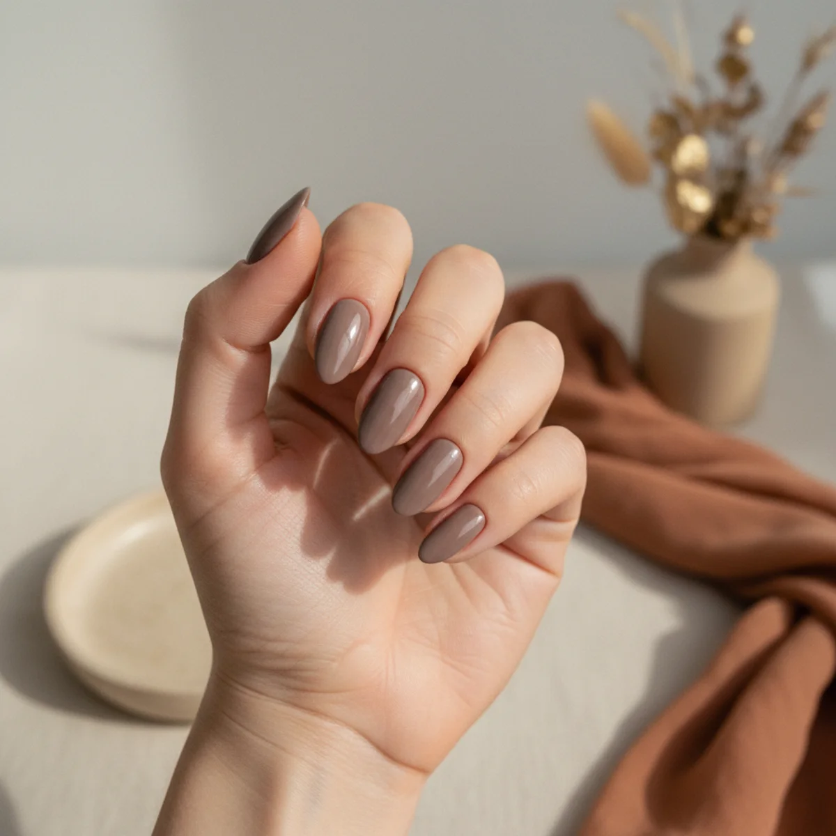 Almond nails in a smoky greyed-mauve taupe with a creamy finish