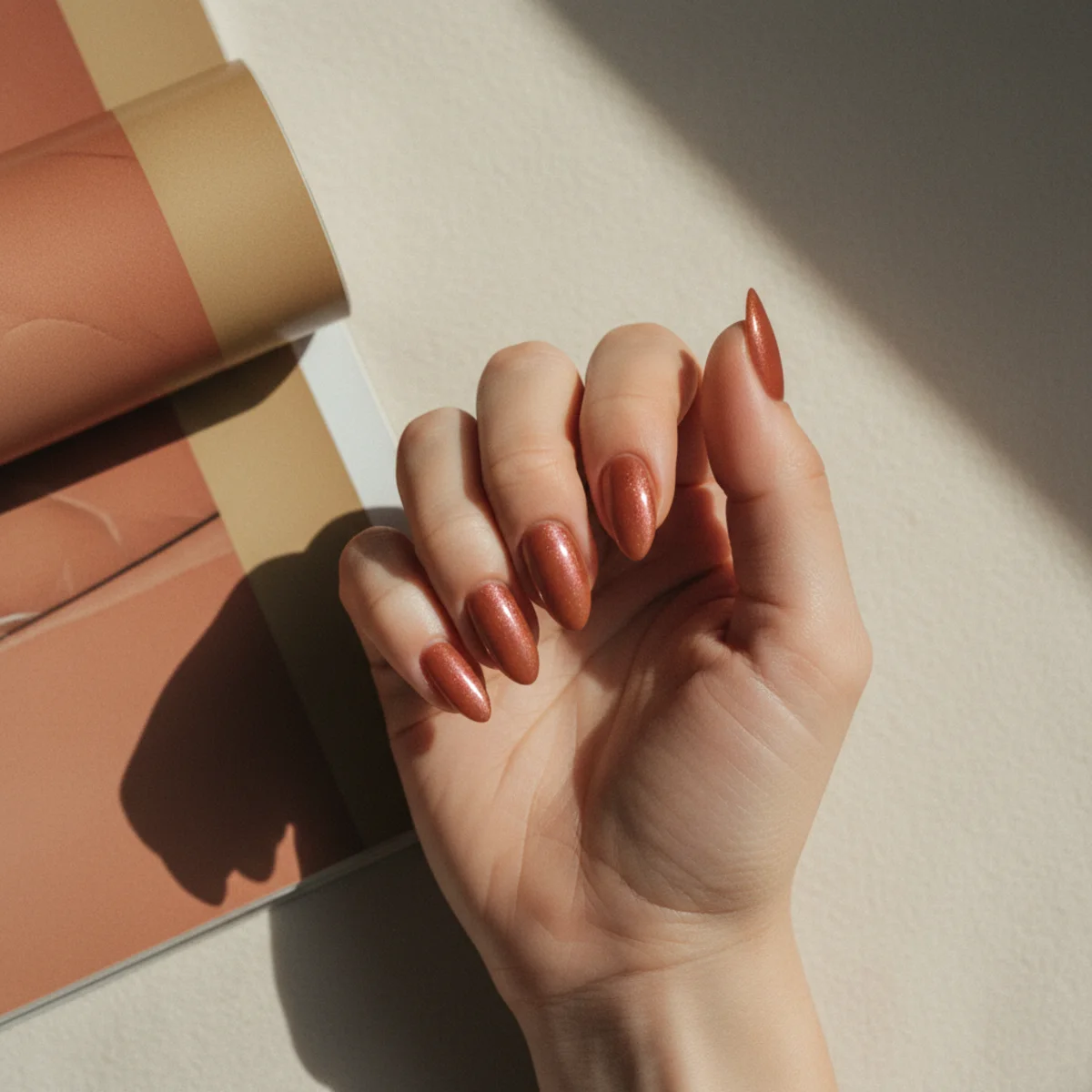 Warm cinnamon-brown almond nails with a pearly glazed chrome shimmer