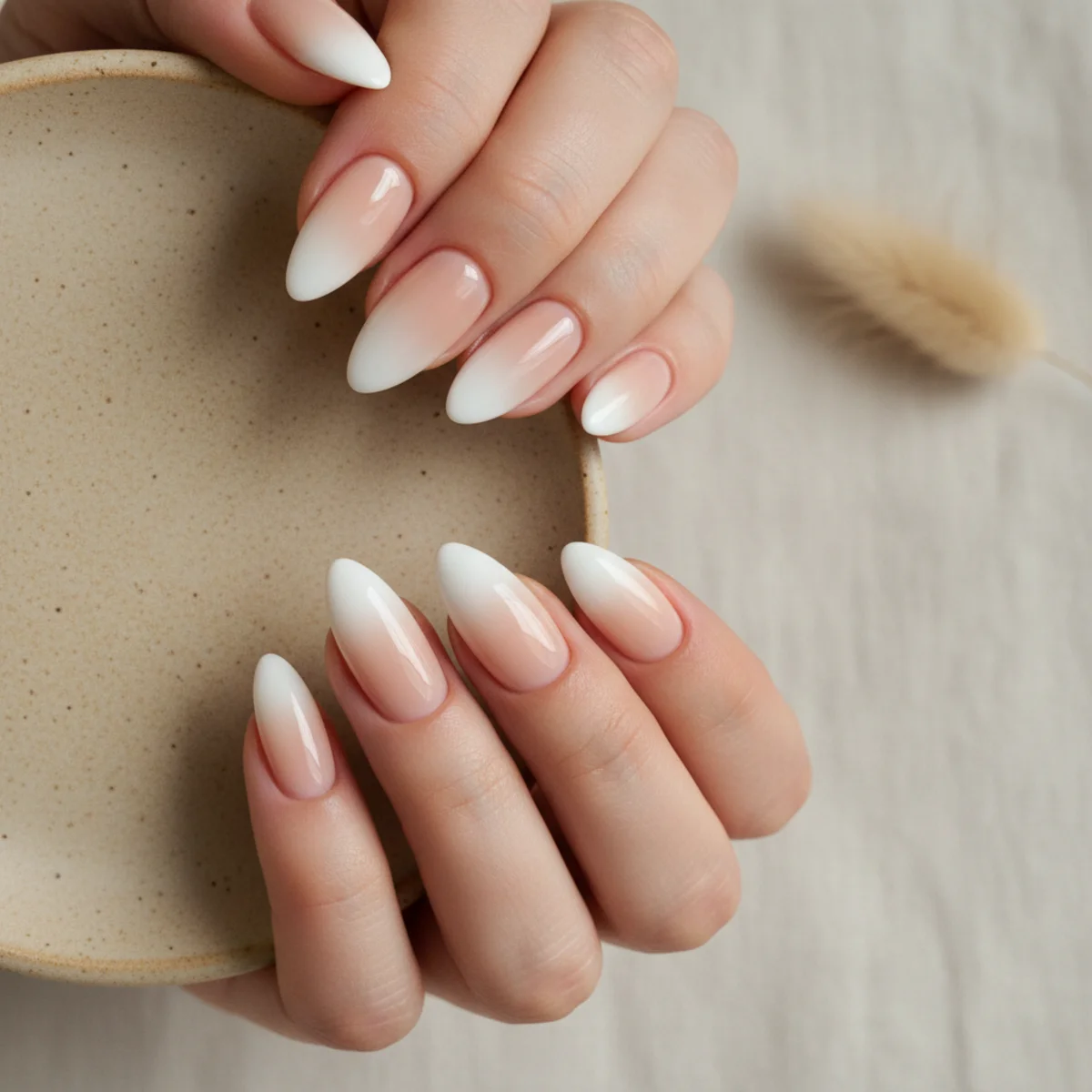 Almond nails with a soft nude-to-white ombré gradient and glossy finish