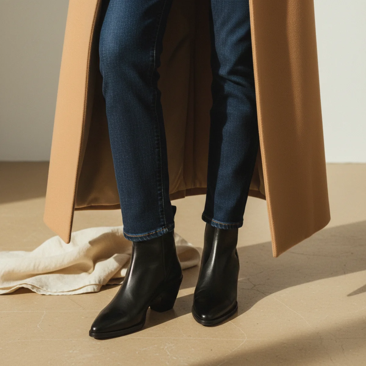 Waist-down editorial of pointed black leather ankle boots with straight dark indigo jeans and the sweeping hem of a long camel coat