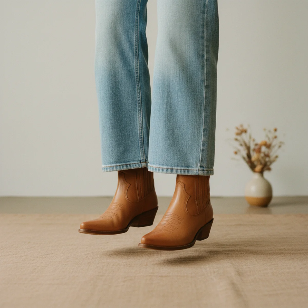 Close-up waist-down of tan leather western-toe ankle boots with wide-leg light-wash denim draped over the shaft