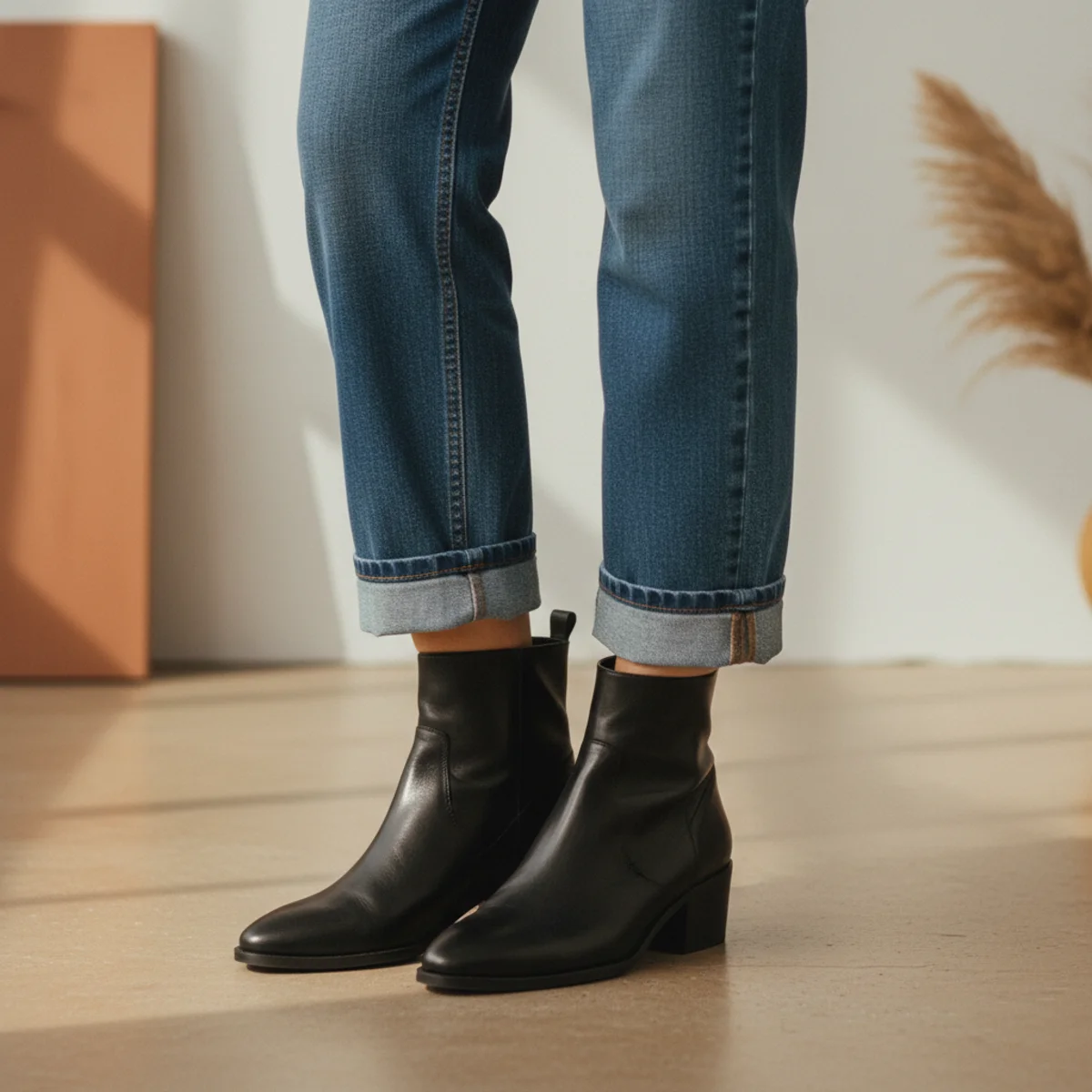Close-up waist-down of black ankle boots with cuffed cropped barrel-leg jeans in a medium wash