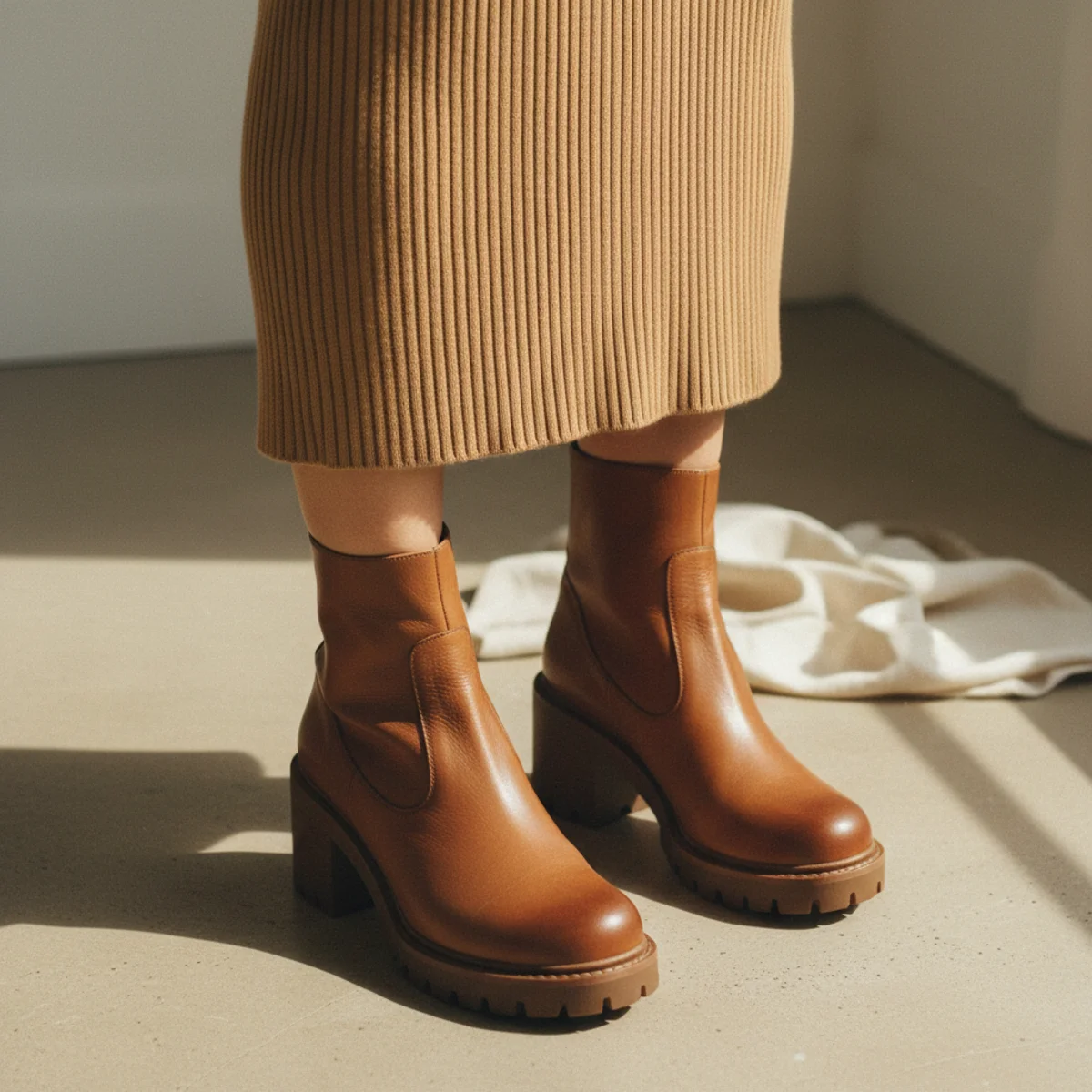 Waist-down shot of chunky-sole brown ankle boots with a fitted ribbed knit midi dress in warm camel