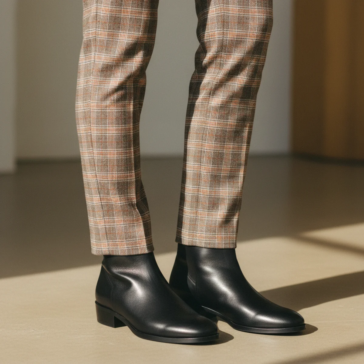 Waist-down close-up of black ankle boots with slim-cut plaid or tartan tailored trousers in brown and camel
