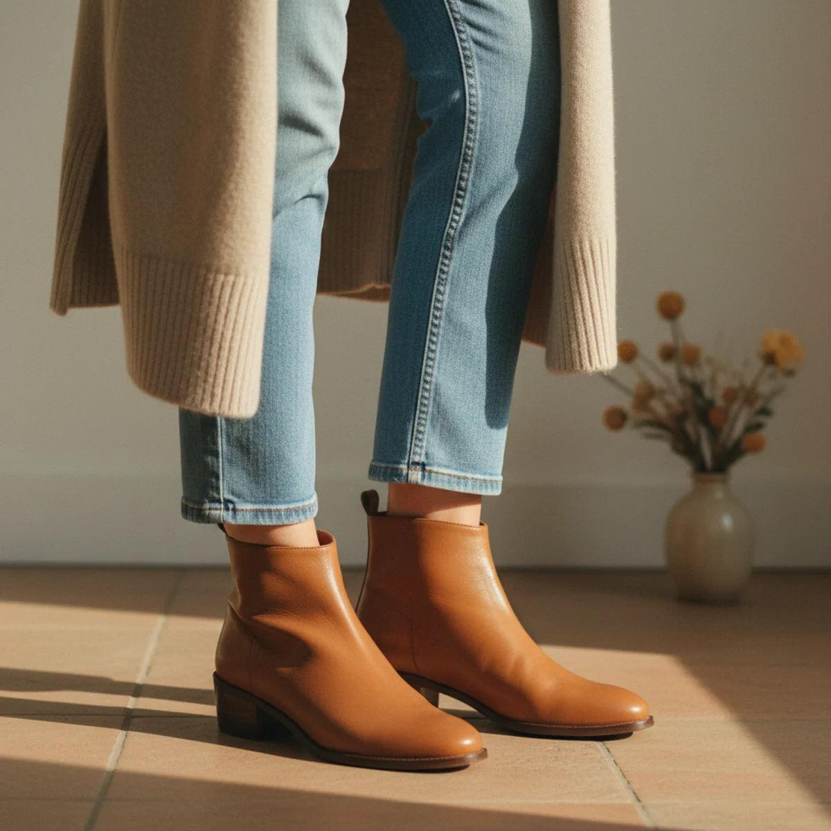 Waist-down editorial of camel ankle boots with straight cropped jeans and the draping hem of an oversized longline cardigan in oat