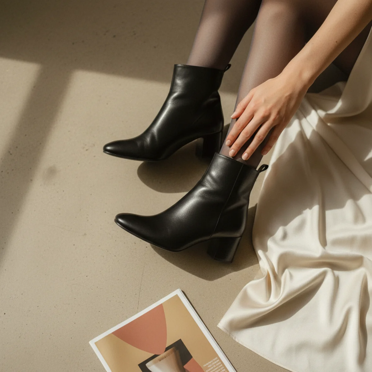 Waist-down editorial of black heeled ankle boots with a midi satin slip dress and sheer tights in charcoal