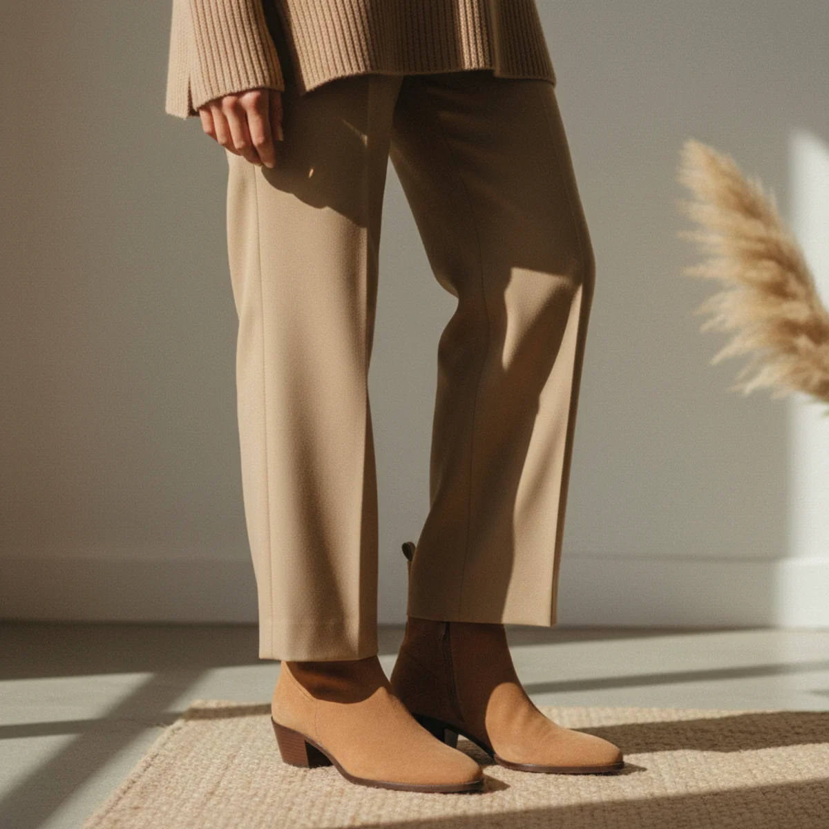 Waist-down shot of camel-toned suede ankle boots with wide-leg tailored camel trousers and a tonal knit