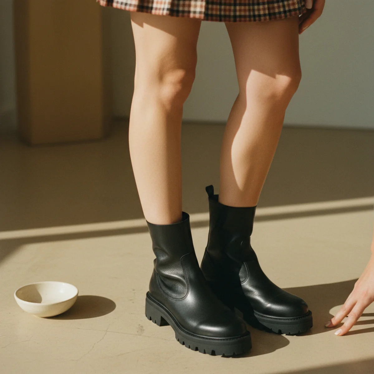 Waist-down close-up of chunky lug-sole ankle boots with a short plaid or denim mini skirt and bare legs