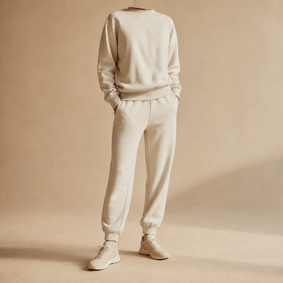 Faceless full-length shot of a tonal jogger and sweatshirt set with sleek running trainers