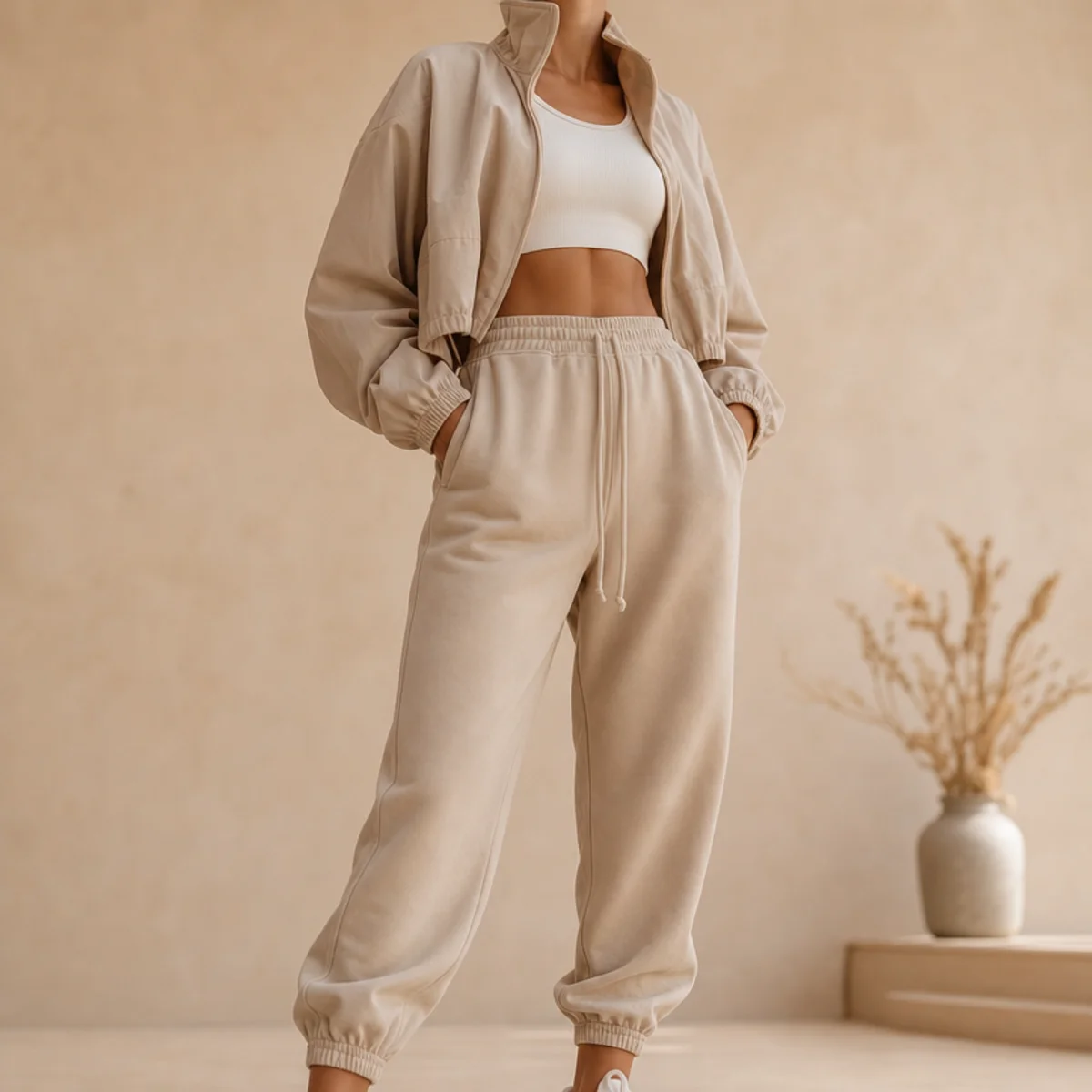 Faceless waist-up shot of a cropped sporty jacket over a fitted top with high-waisted joggers
