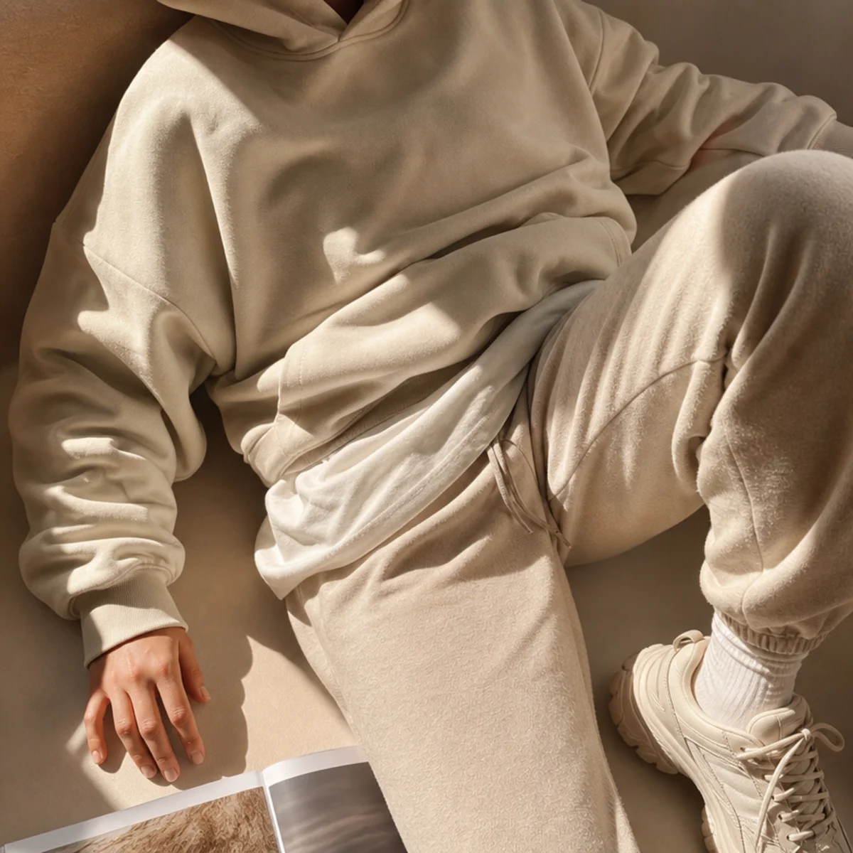 Faceless waist-up shot of an oversized hoodie with joggers and chunky sneakers