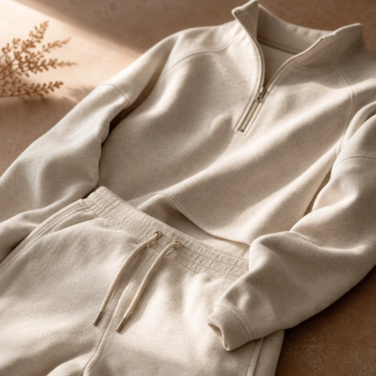 Faceless waist-up shot of a fitted quarter-zip pullover with tapered joggers