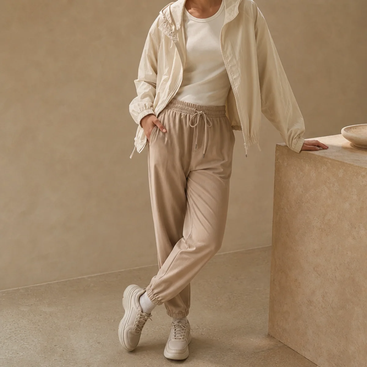 Faceless waist-up shot of a lightweight windbreaker over a top with joggers