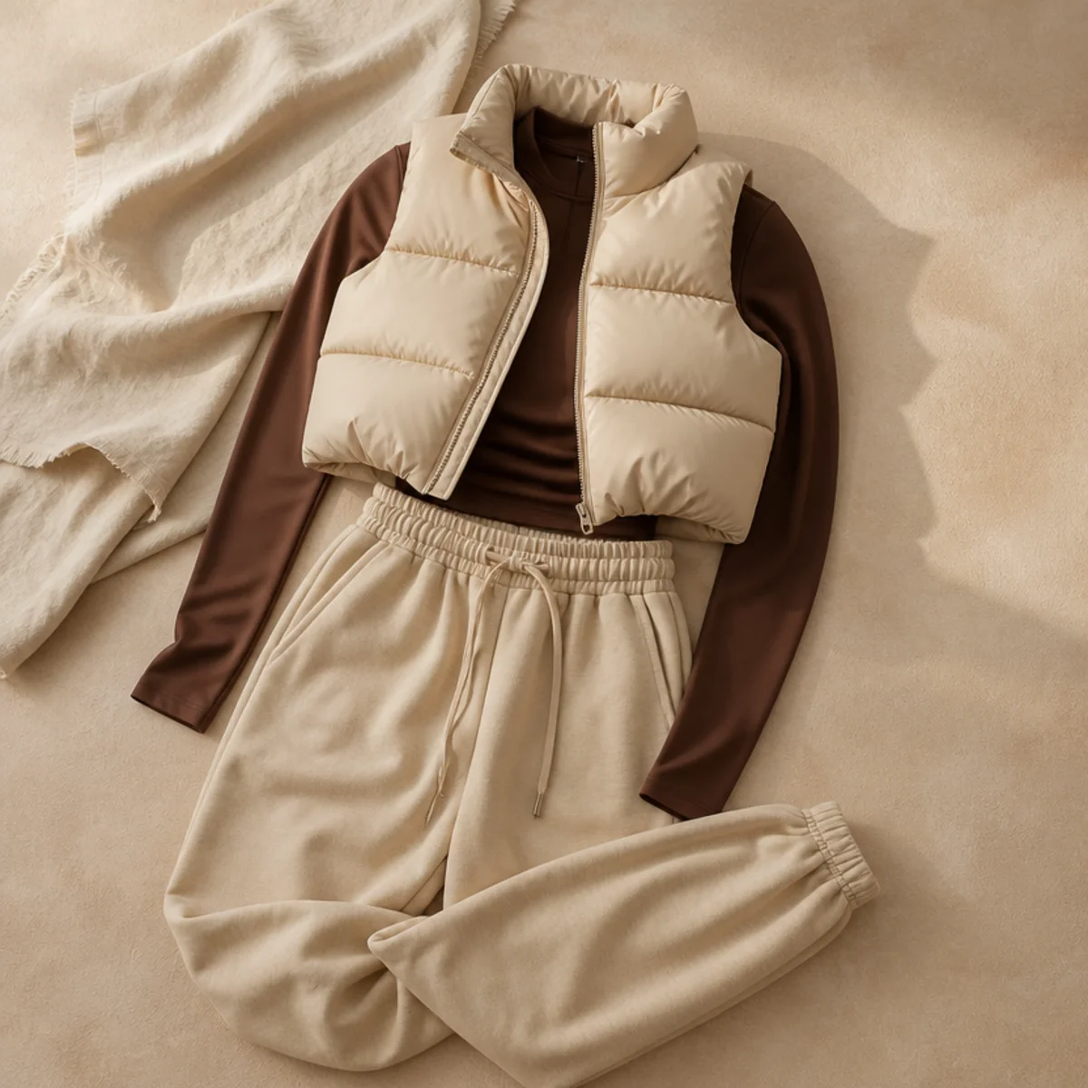 Faceless waist-up shot of a cropped puffer vest over a long-sleeve top with joggers