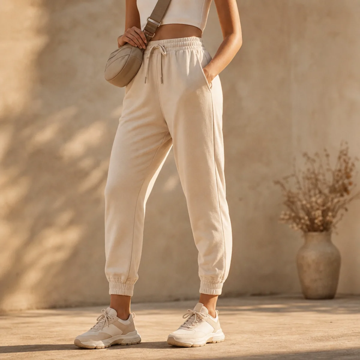 Faceless waist-down shot of joggers with a fitted top, crossbody bag and running trainers