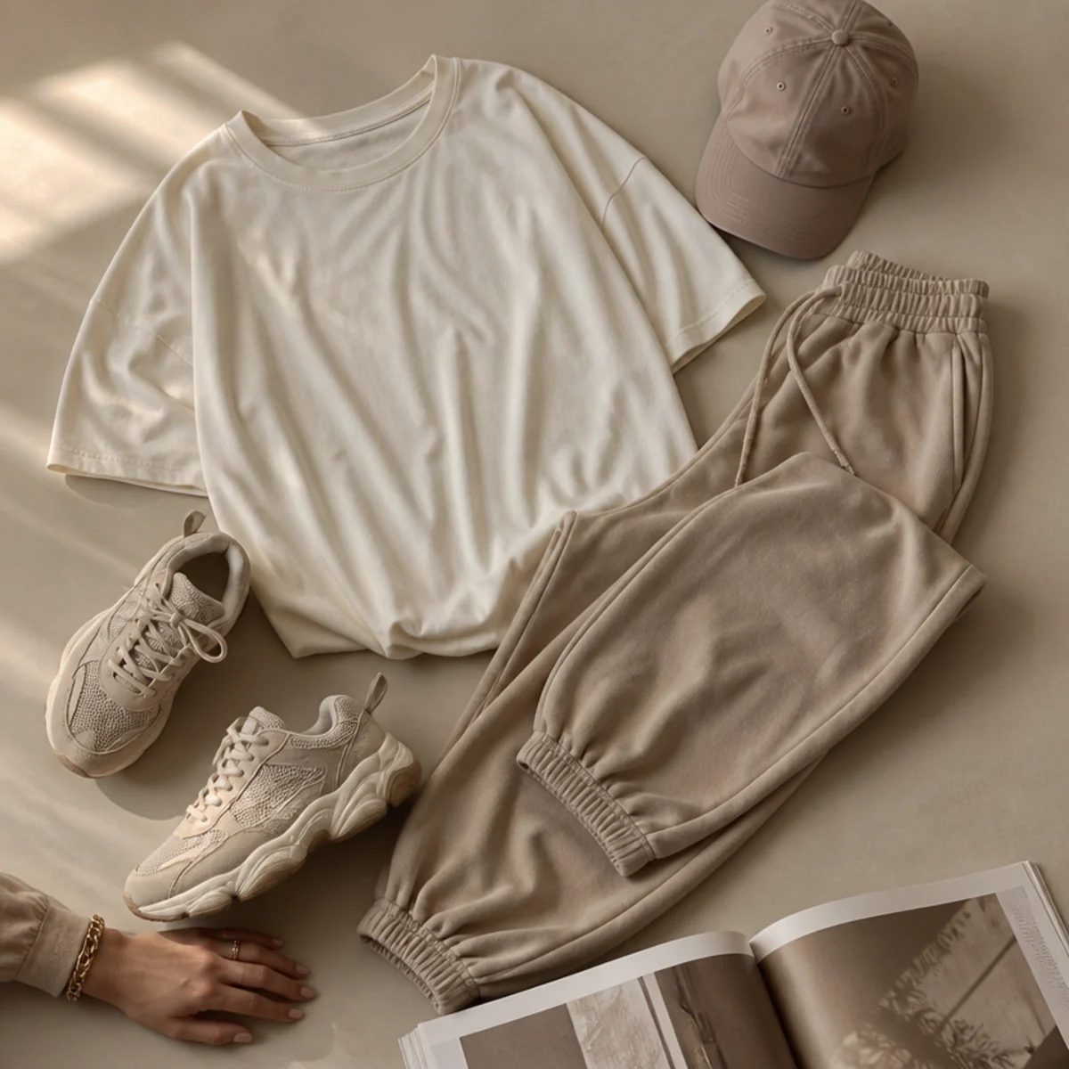 Faceless waist-up shot of an oversized tee with joggers, a cap and chunky sneakers