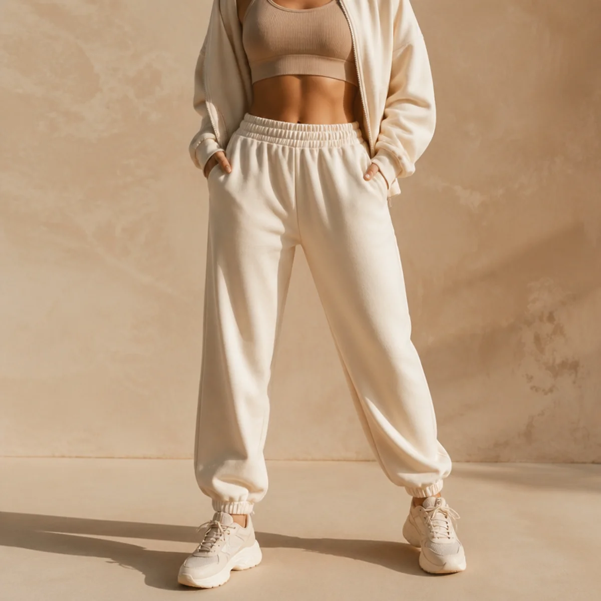 Faceless waist-down editorial shot of joggers with a sports bra, zip-up and chunky sneakers for athleisure