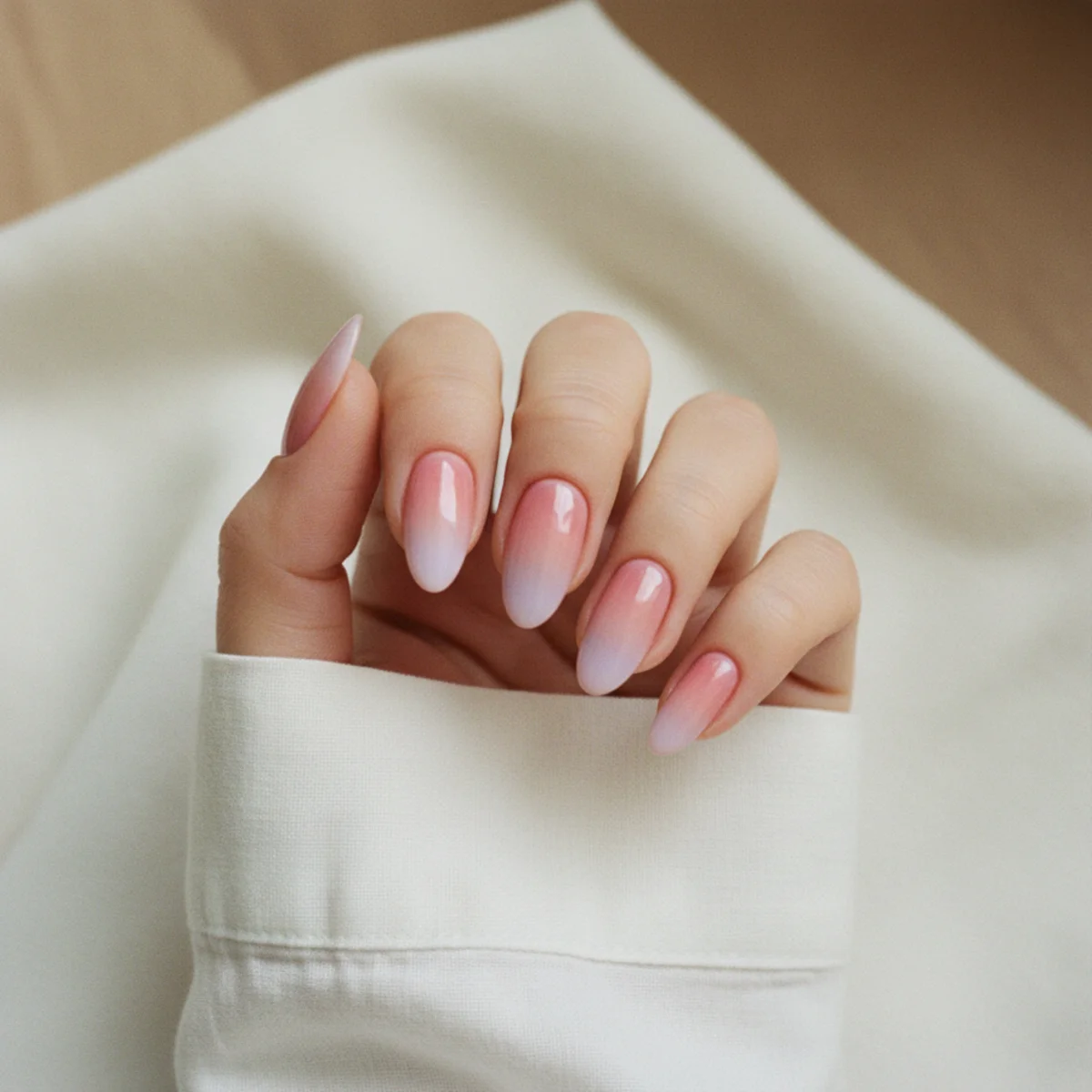 Almond nails with a soft airbrushed blush-pink and lavender aura halo on white cotton