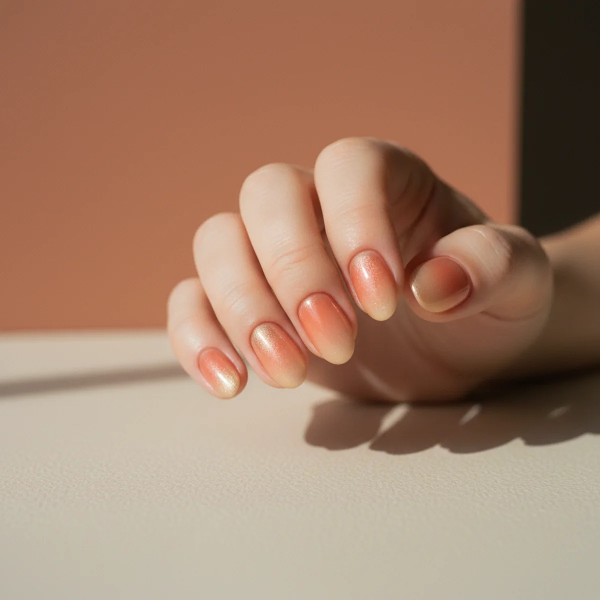 Rounded nails with a warm peach and champagne gold aura gradient on a cream surface
