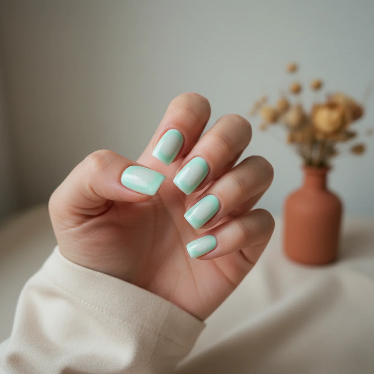 Short square nails with a fresh mint-green aura halo over a white base