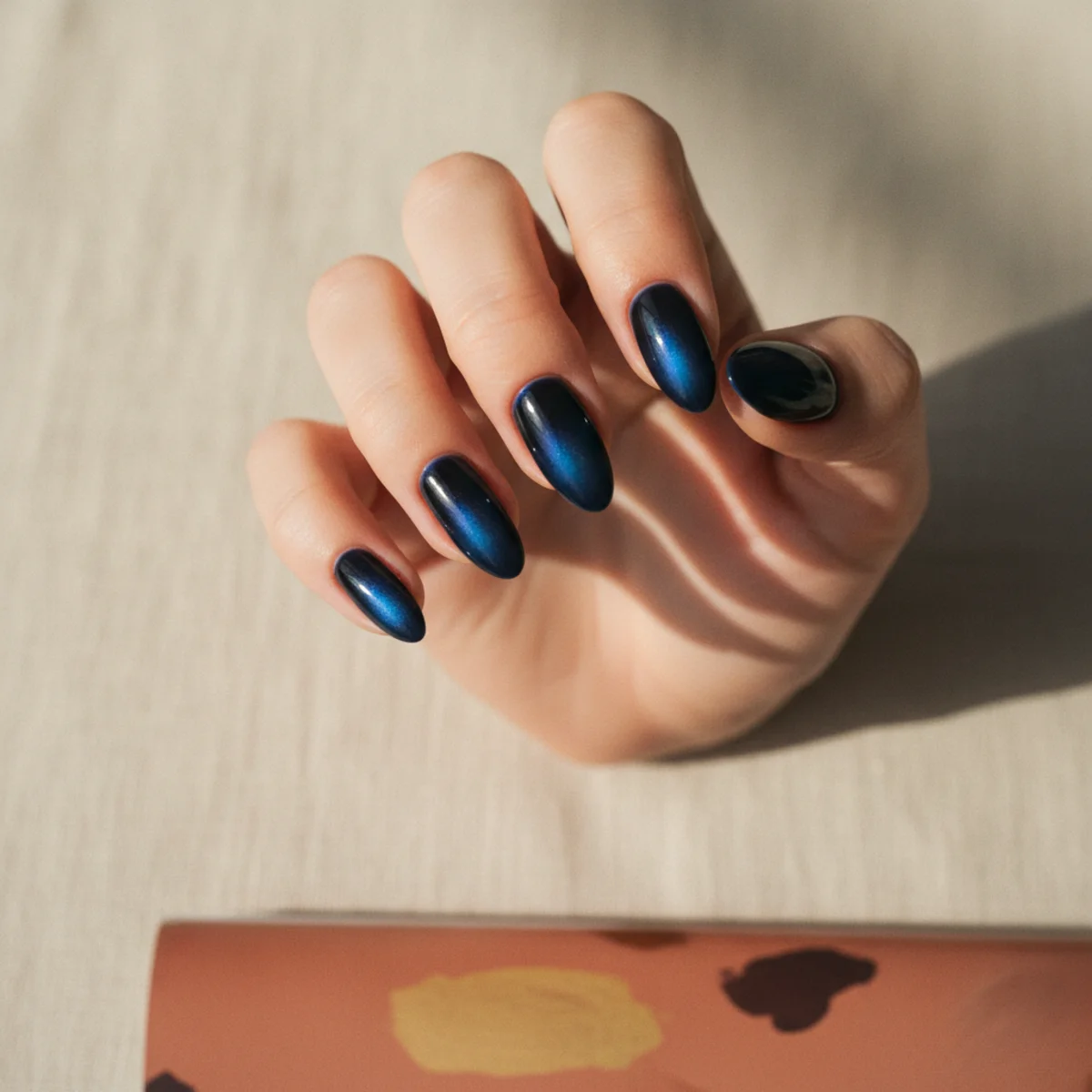 Almond nails with a deep midnight blue aura glowing over a sheer black base