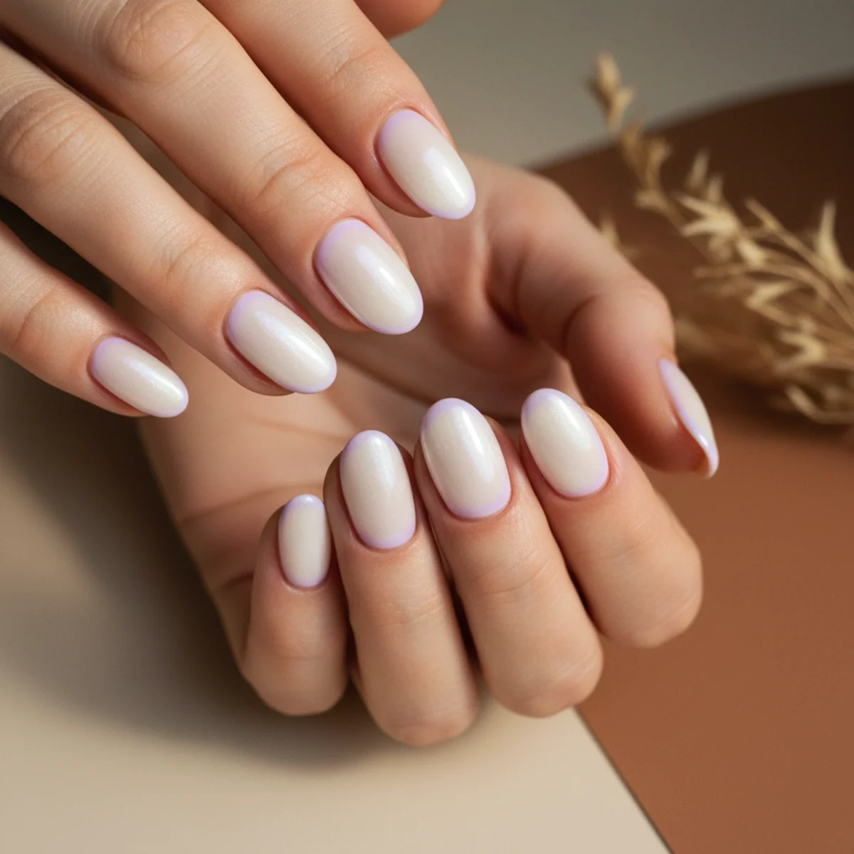 Oval nails with a soft lilac aura halo over a pearly white base catching light