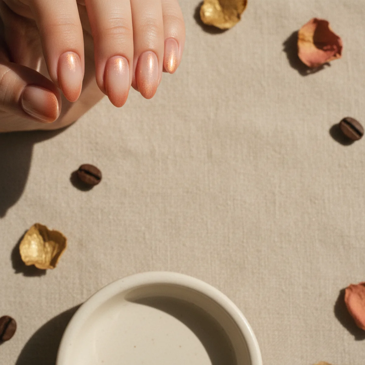 Short almond nails with a warm rose-gold aura glow over a nude base