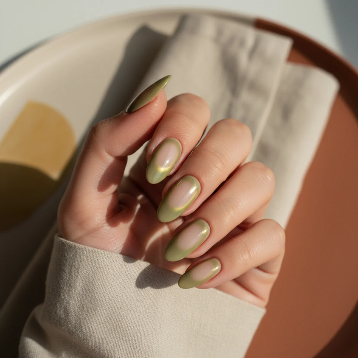 Almond nails with an olive-green chrome aura halo over a sheer cream base