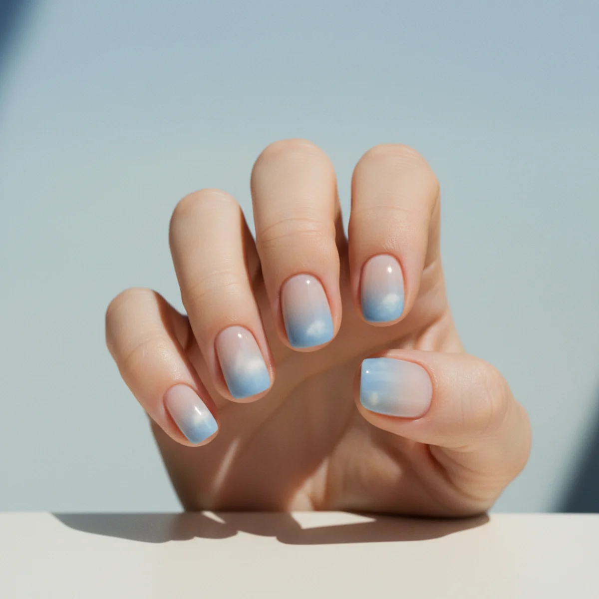Short rounded nails with a soft cloud-like powder-blue aura on a pale sky background