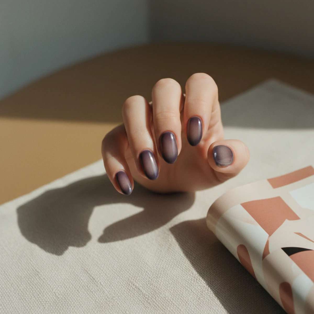Short almond nails with a dark plum aura halo over a sheer grey-tinted base