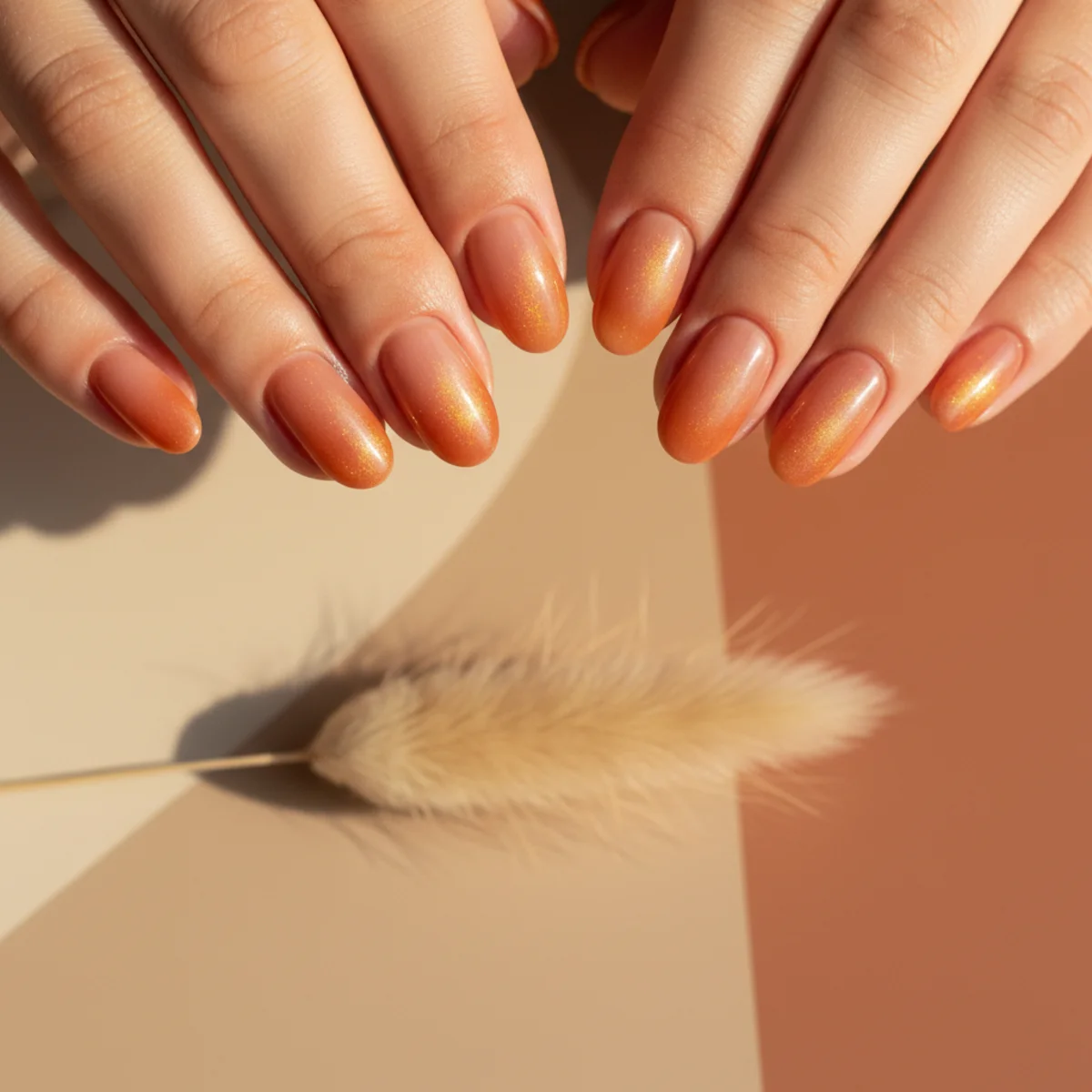 Oval nails with a warm amber and gold aura glowing over a warm nude base