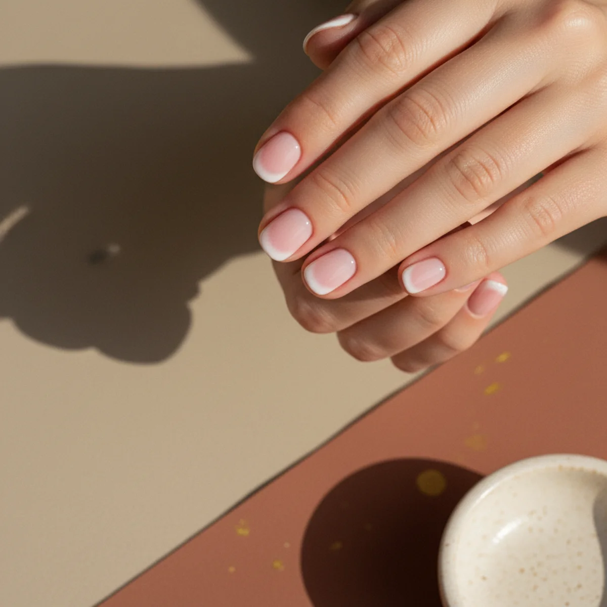 Short rounded nails with a soft sweet pink aura halo over a sheer white base