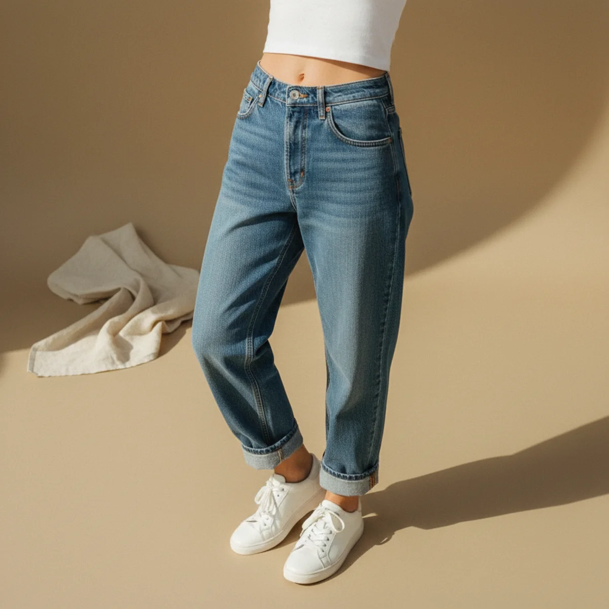 Faceless waist-down shot of baggy mid-wash jeans cuffed above the ankle with white trainers and a fitted white crop tee