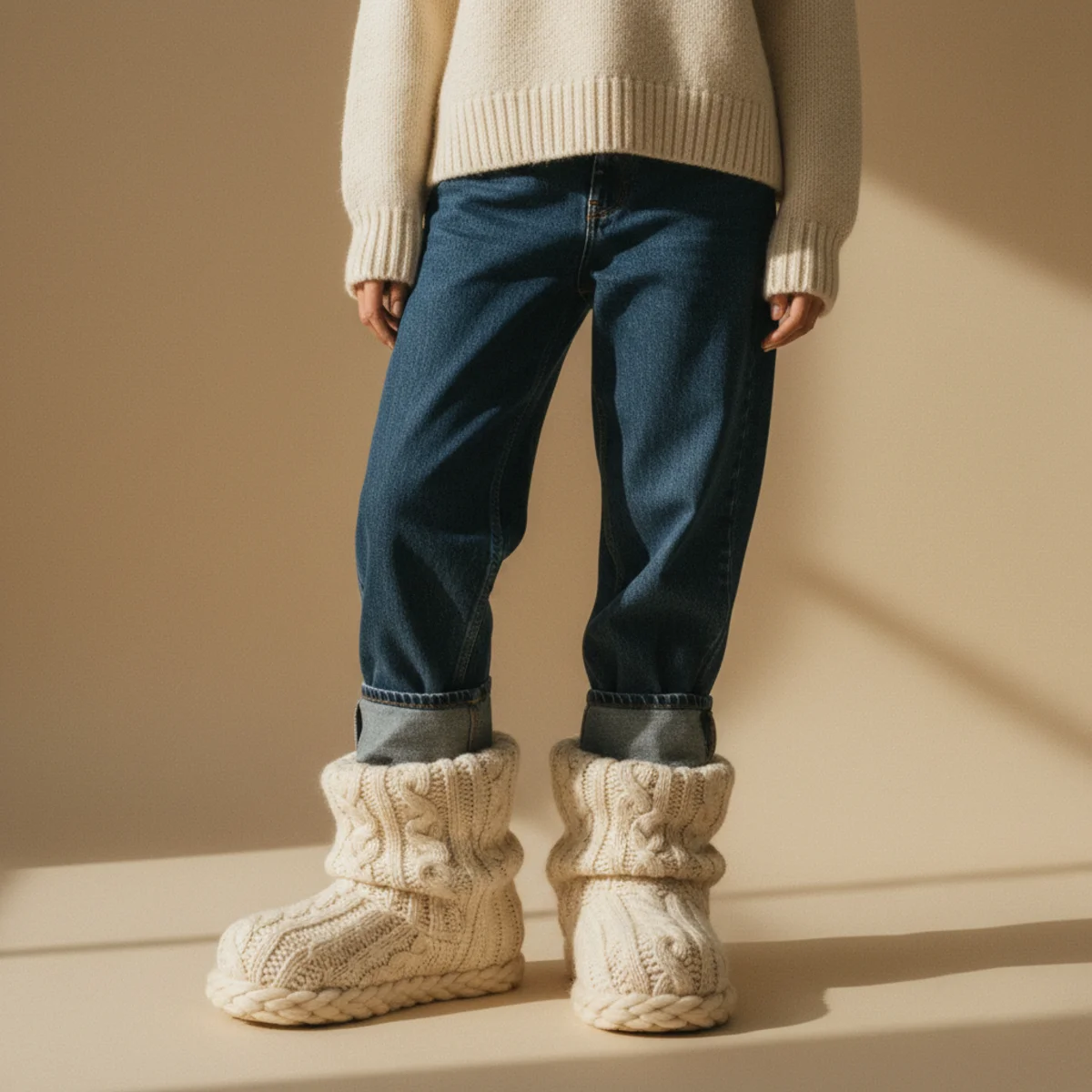 Faceless waist-down editorial of baggy dark-wash jeans with black ankle boots and the hem of a chunky cream knit jumper