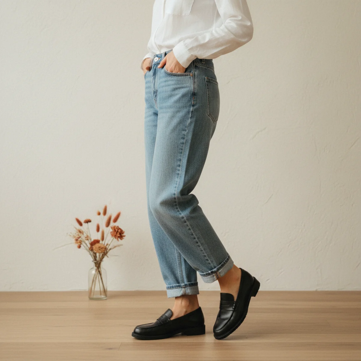 Faceless waist-down shot of baggy light-wash jeans with black loafers and a tucked-in white button-down shirt