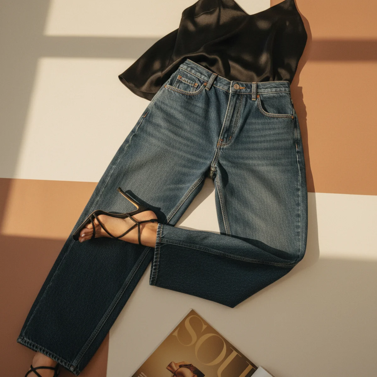 Faceless waist-down editorial of dark-wash baggy jeans with strappy black heeled sandals and the hem of a black satin slip top