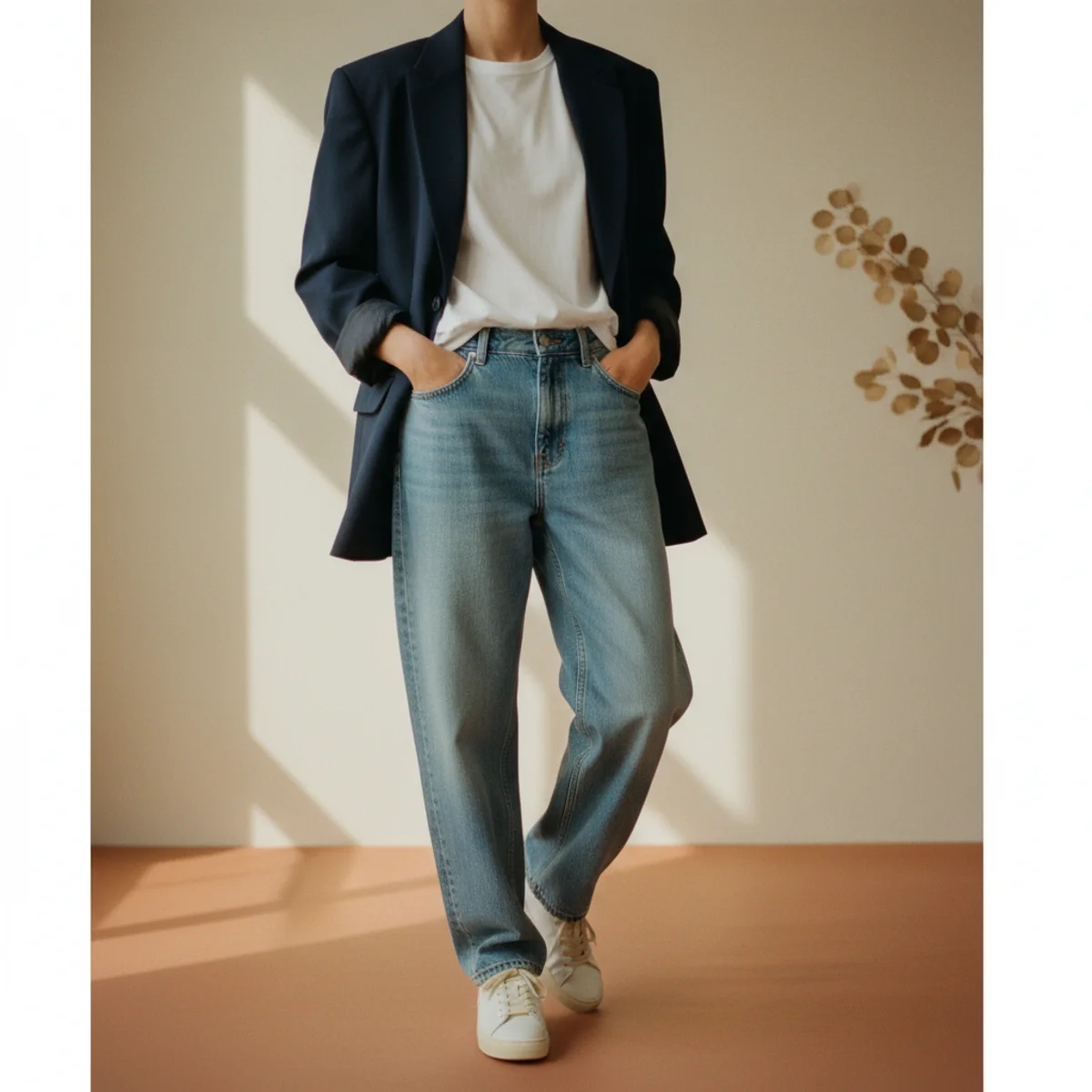 Faceless waist-down shot of baggy straight-leg jeans with white trainers under a navy blazer and white tee combination
