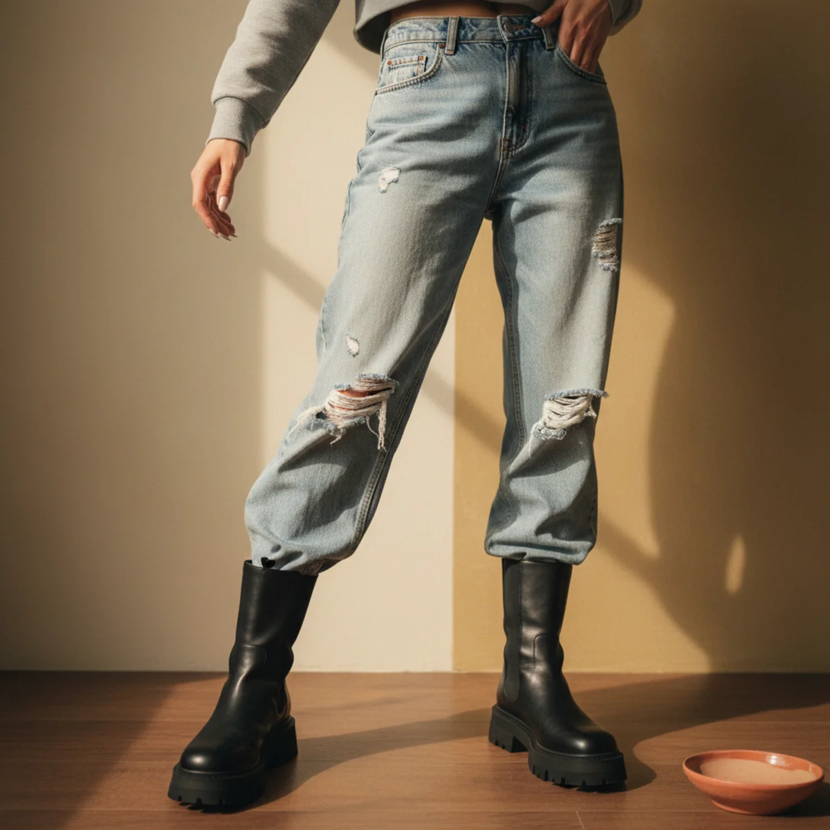 Faceless waist-down shot of baggy distressed jeans with black lug-sole chunky boots and the hem of a cropped grey hoodie