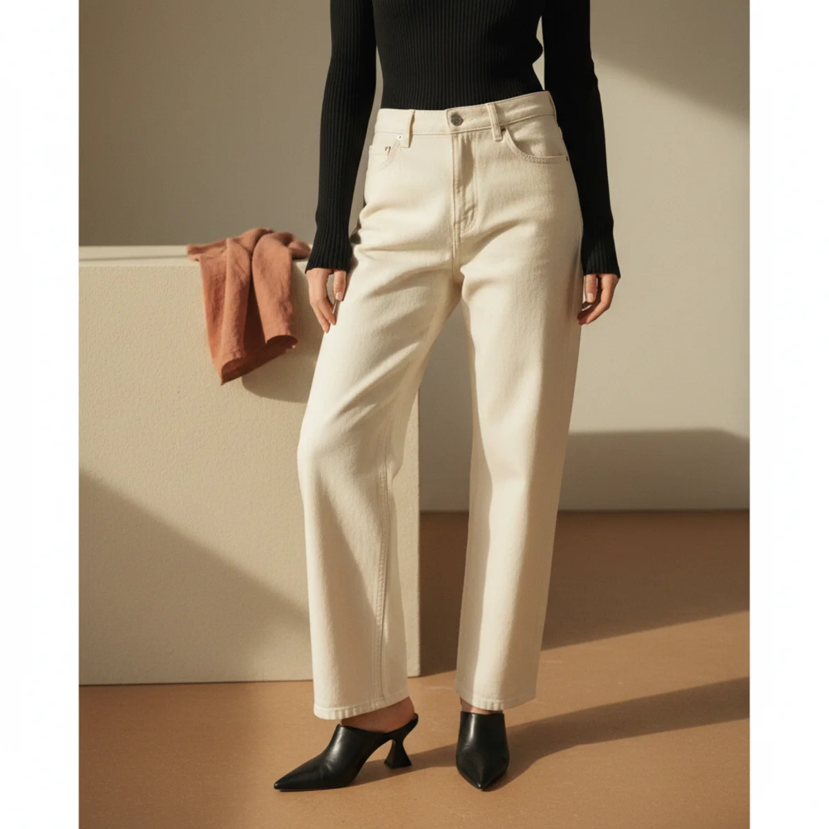 Faceless waist-down editorial of wide-leg baggy jeans pooling slightly over black pointed mules with a ribbed black top tucked in