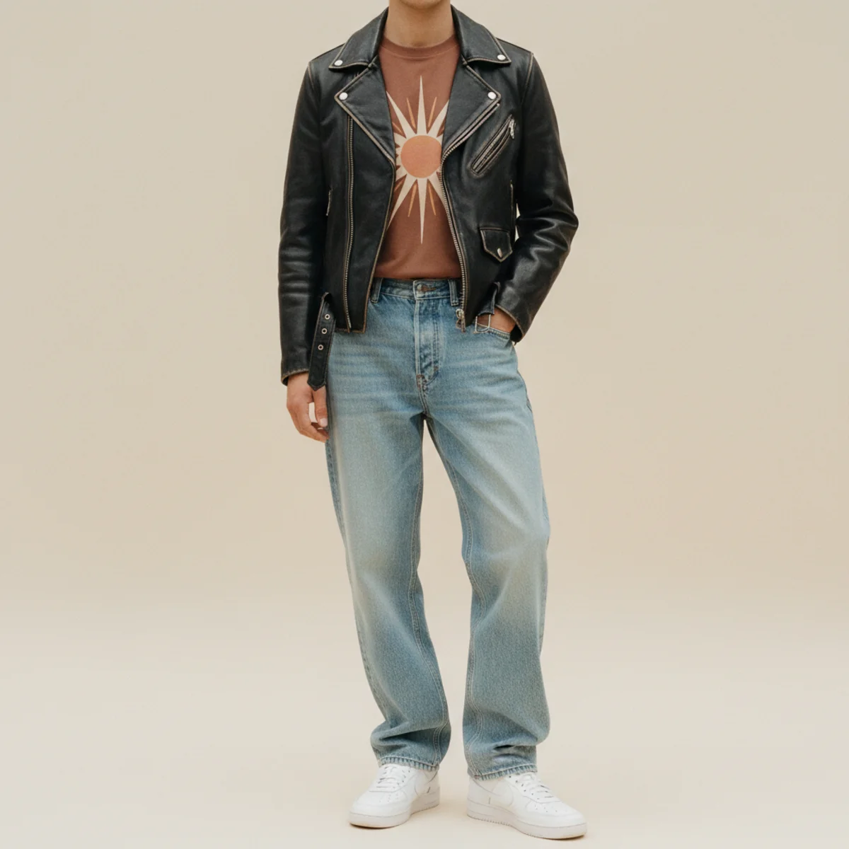 Faceless waist-down shot of baggy light-wash jeans with white trainers under a black leather jacket and graphic tee