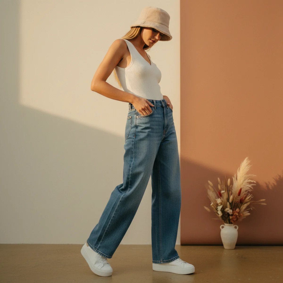 Faceless waist-down shot of wide-leg mid-wash baggy jeans with white platform trainers and a tucked-in white vest top