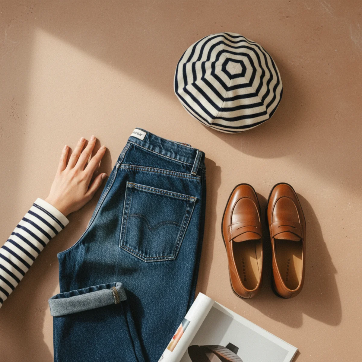 Faceless waist-down editorial of baggy straight-leg dark jeans with loafers and the hem of a navy Breton-stripe top