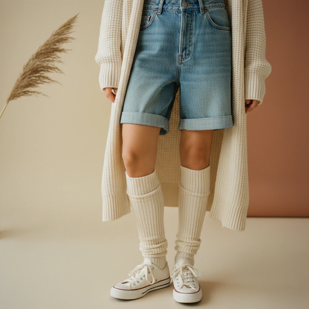 Faceless waist-down editorial of rolled baggy denim cut-off shorts with knee-high white socks and trainers under a long cream cardigan